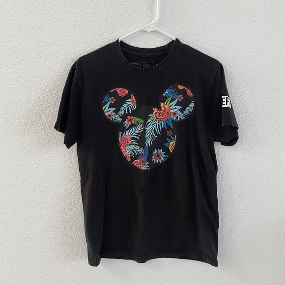 Disney Neff Mens Mickey Mouse T Shirt Size M‎ Black Floral Short Sleeve Crewneck - Picture 1 of 6